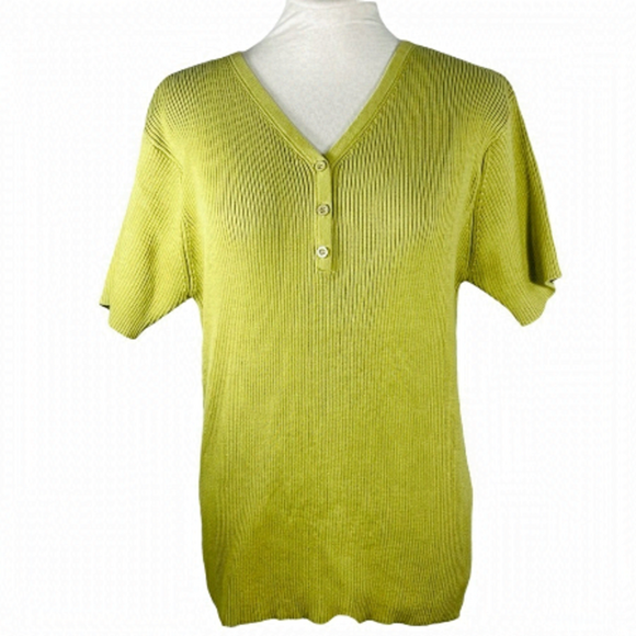VINTAGE Marviv pullover knit sweater ribbed v-neck cap sleeve chartreuse size L - Picture 2 of 11
